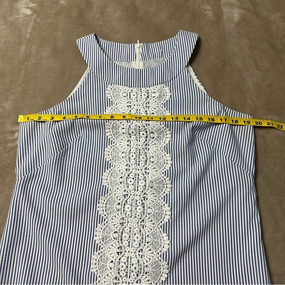 London Times Seersucker Racerback Sundress Blue White Stripes Crochet Size 10 - Picture 9 of 12